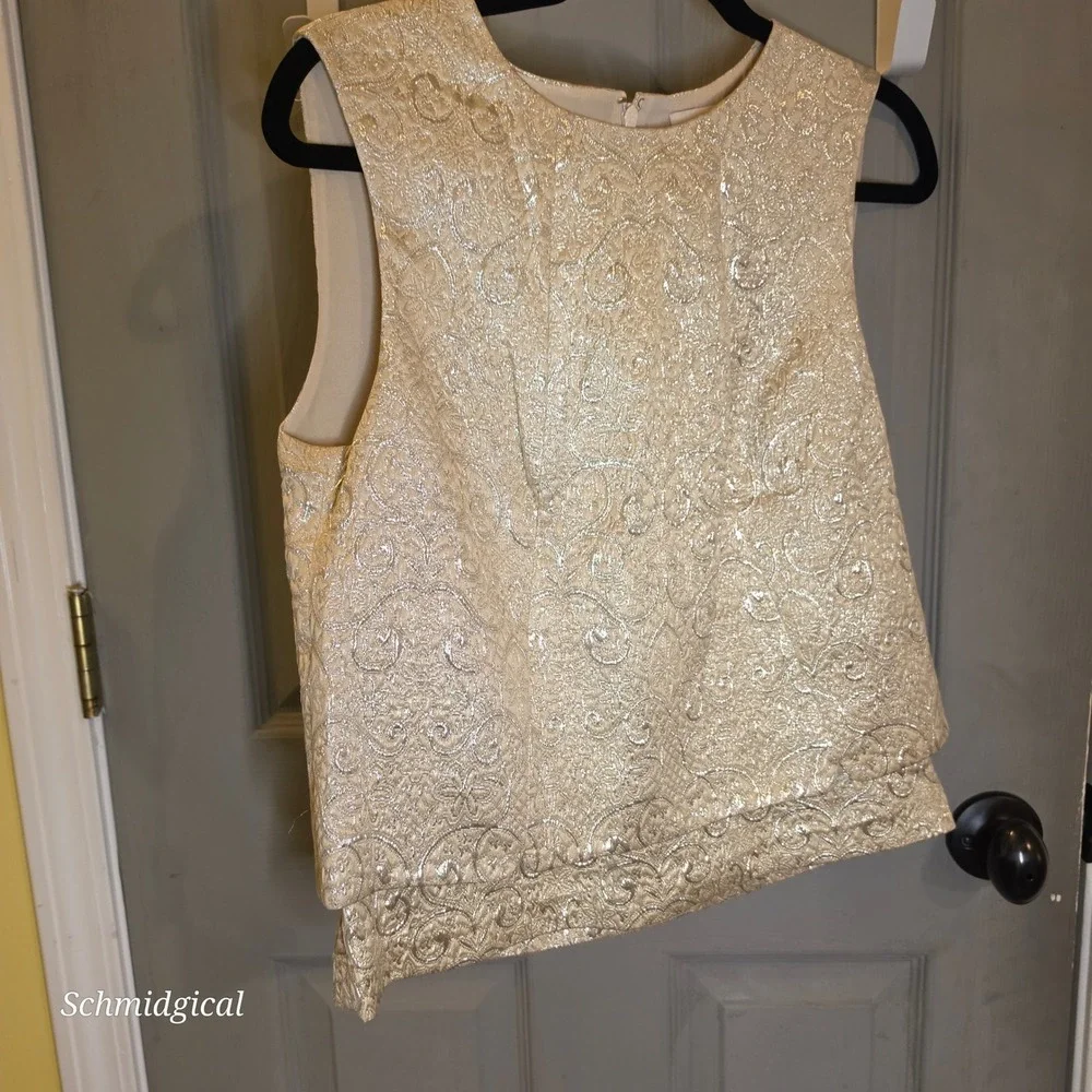 Tory Burch Gold Metallic Jacquard Sleeveless Tiered Top Size 4 Damask Shimmer